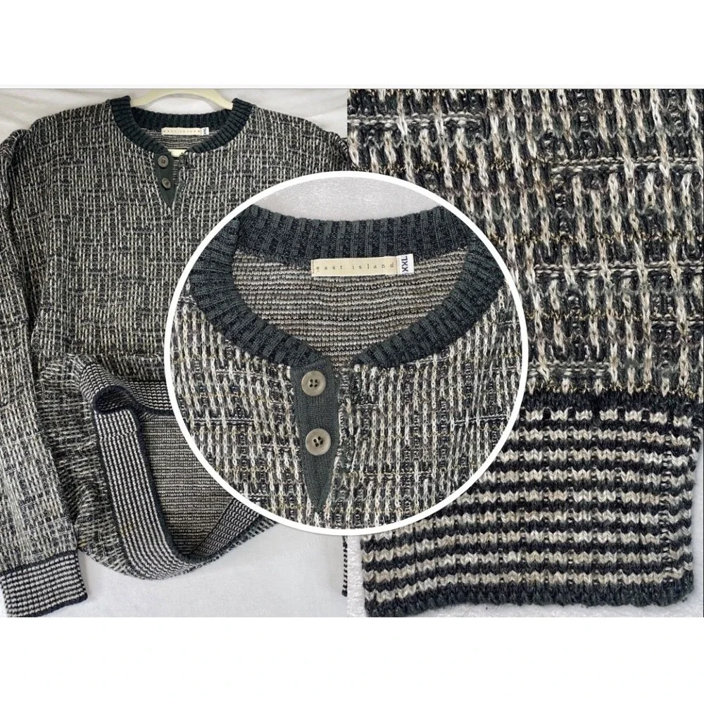 Crewneck Henley Textured Knit Sweater Mens XXL Green Earthy Tones Grandpa Crosby